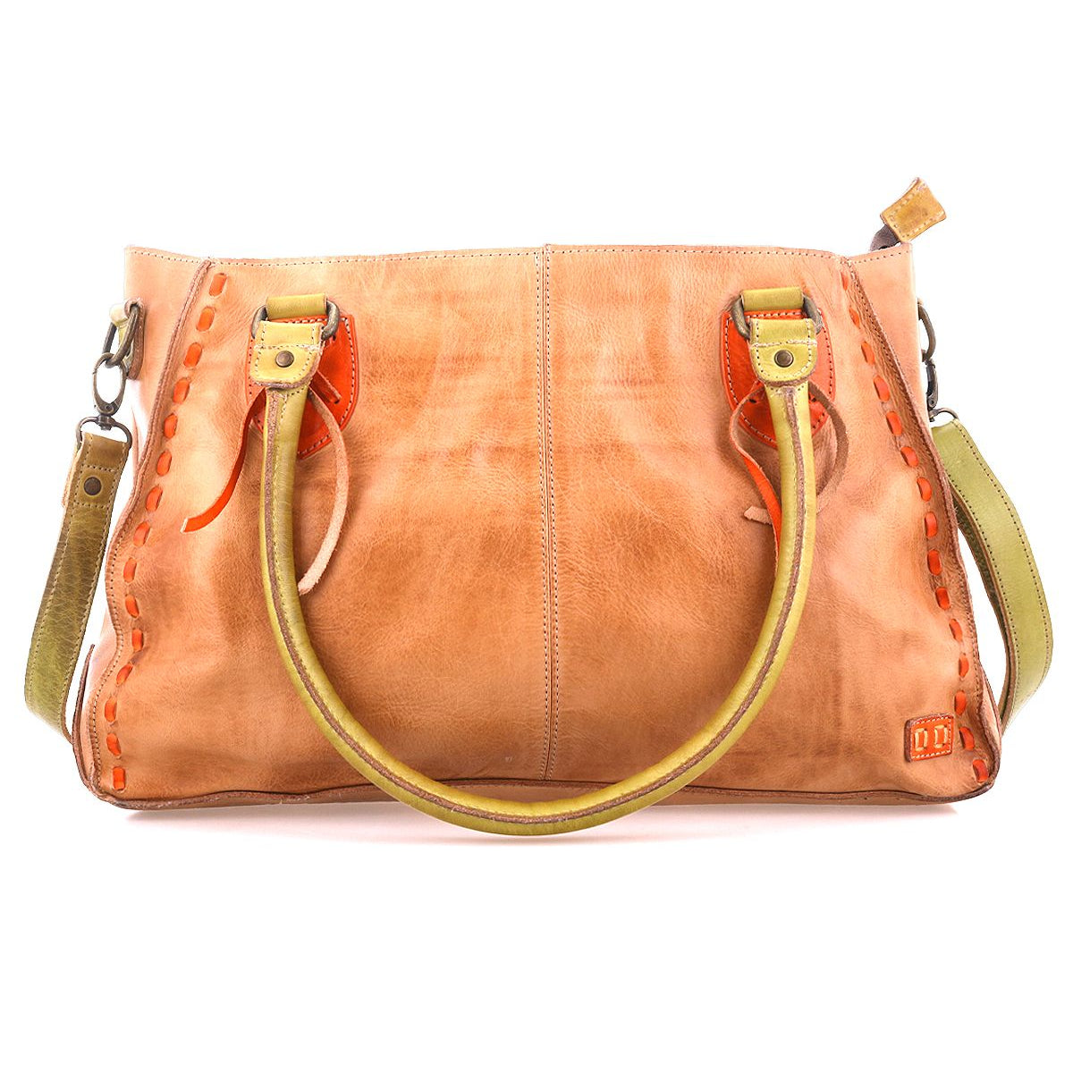 The Bed Stu Rockababy brown leather handbag features dual handles, a detachable green strap, and orange stitching accents. Its compact design includes an embossed logo on the lower corner, enhancing its sleek appeal.