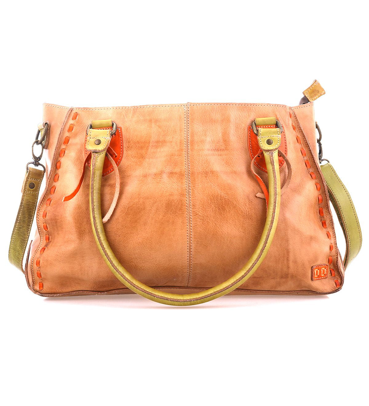 The Bed Stu Rockababy brown leather handbag features dual handles, a detachable green strap, and orange stitching accents. Its compact design includes an embossed logo on the lower corner, enhancing its sleek appeal.