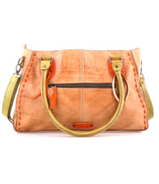 Meet the compact Bed Stu Rockababy tan leather handbag with green and orange accents, dual handles, a comfy detachable shoulder strap, and a front zipper pocket. Ideal for stylish on-the-go moments.
