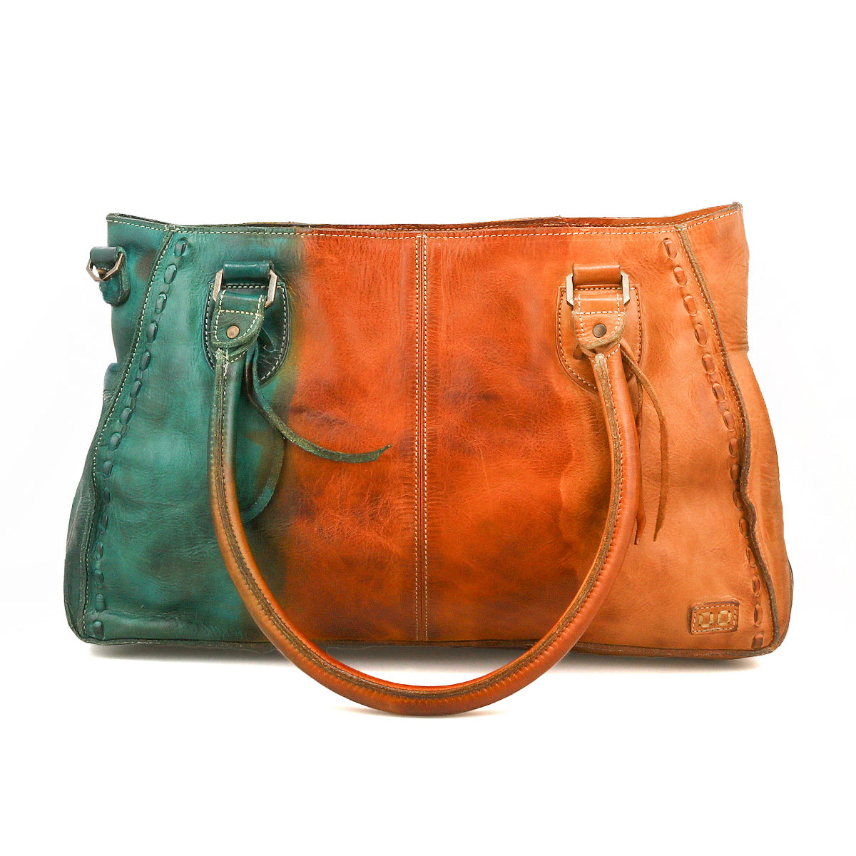 The Bed Stu Rockababy is a compact everyday bag: a leather handbag with teal on the left, tan on the right, two handles, visible edge stitching, and a crossbody strap for versatile carrying.