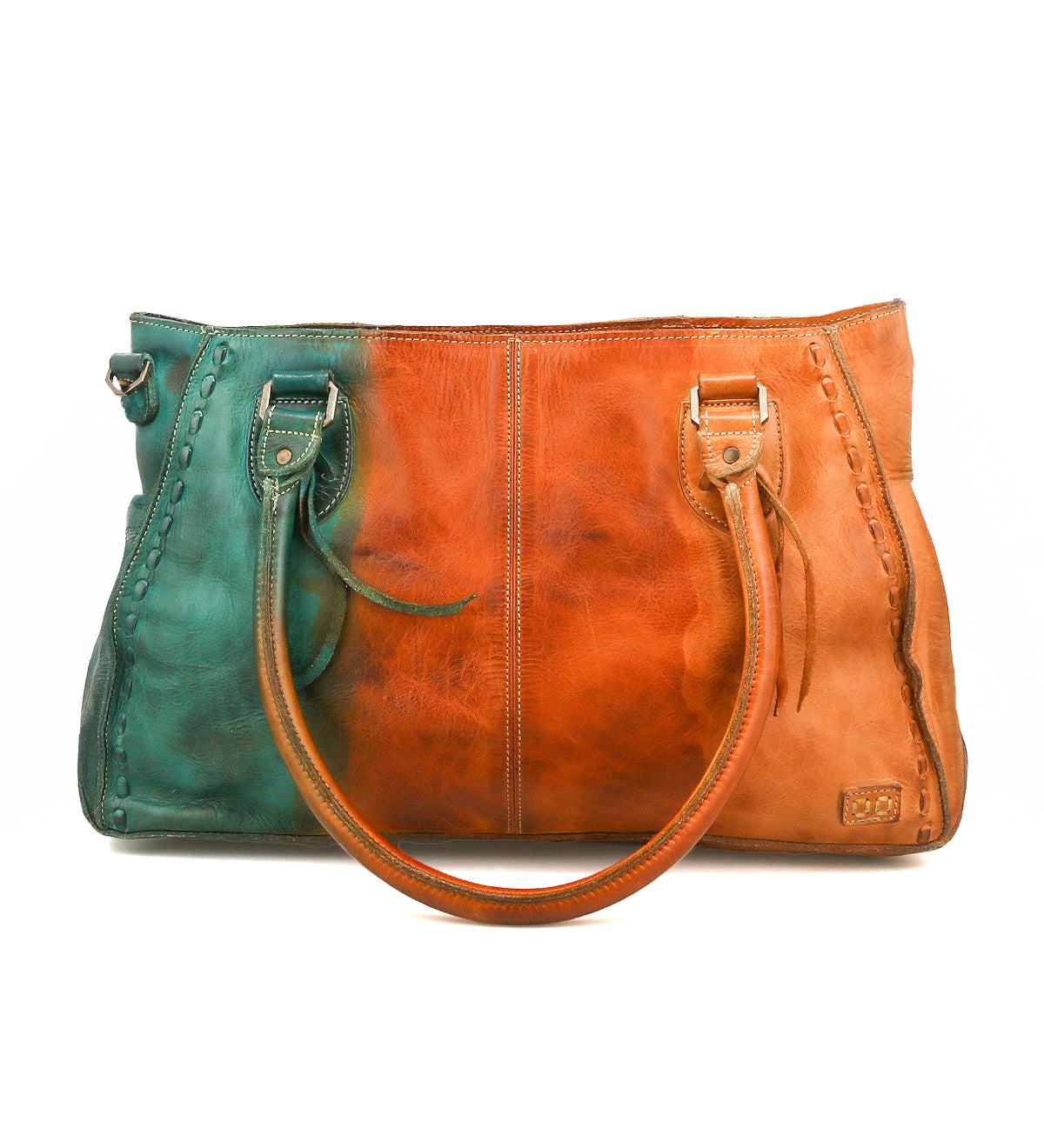The Bed Stu Rockababy is a compact everyday bag: a leather handbag with teal on the left, tan on the right, two handles, visible edge stitching, and a crossbody strap for versatile carrying.