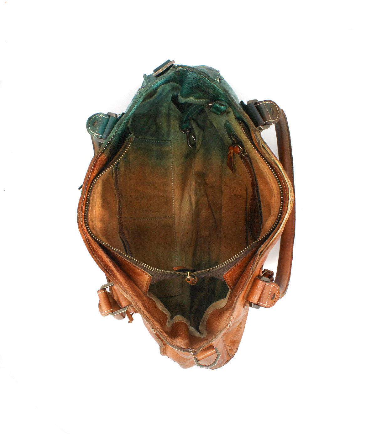 Top view of the Bed Stu Rockababy: an open brown leather handbag with a zipped inner pocket, green fabric lining, crossbody strap, and spacious interior.