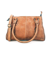 The Bed Stu Rockababy is a compact brown leather bag with two handles, a shoulder strap, visible stitching, and a slightly worn texture—perfect for everyday effortless style.