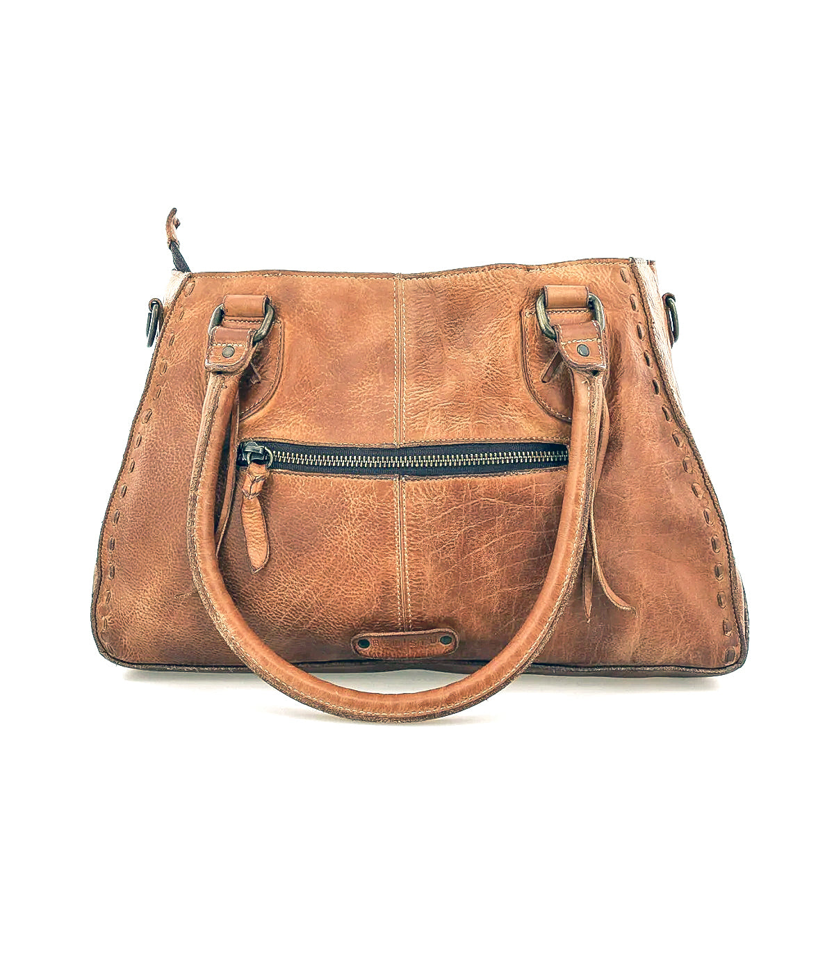 The Bed Stu Rockababy is a brown leather bag with two handles, a front zippered pocket, contrast stitching, and a crossbody strap—shown on a white background and perfect as a compact everyday accessory.