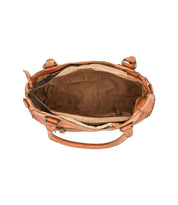Top view of the Bed Stu Rockababy bag in tan leather, featuring a large main compartment with beige fabric lining, inner zippered pocket, and crossbody strap—ideal as a compact everyday accessory.