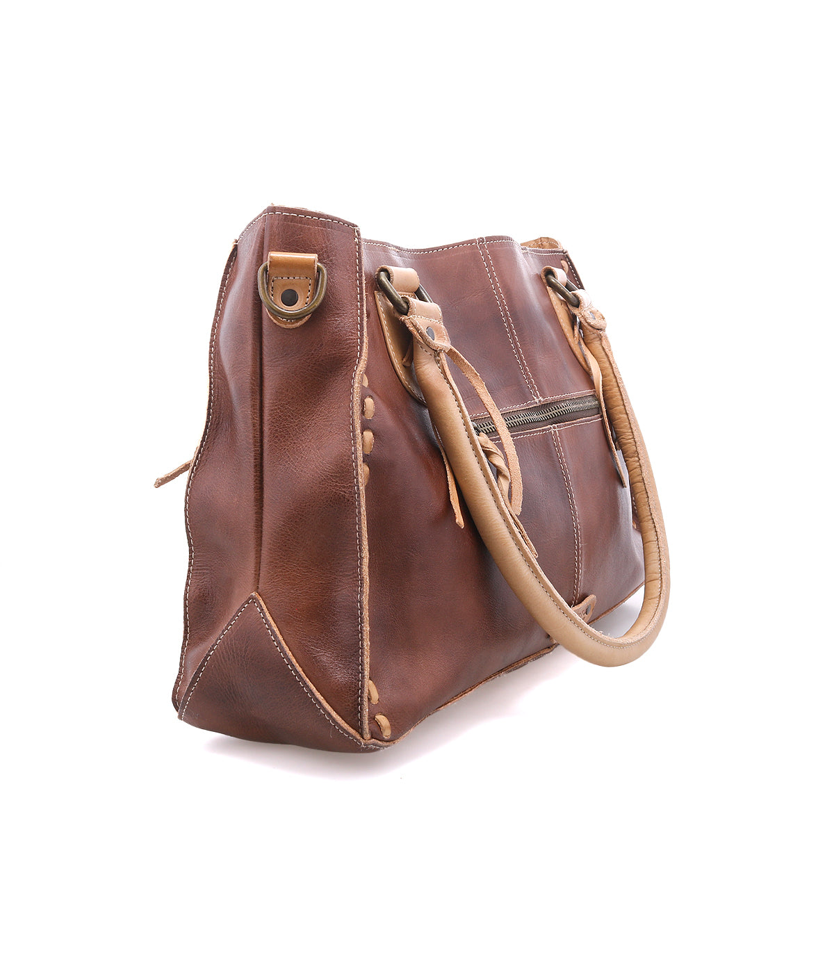 The Bed Stu Rockababy is a compact brown leather handbag with tan handles, visible stitching, and a side zipper pocket. Includes an adjustable crossbody strap—ideal for everyday essentials. Shown on a white background.