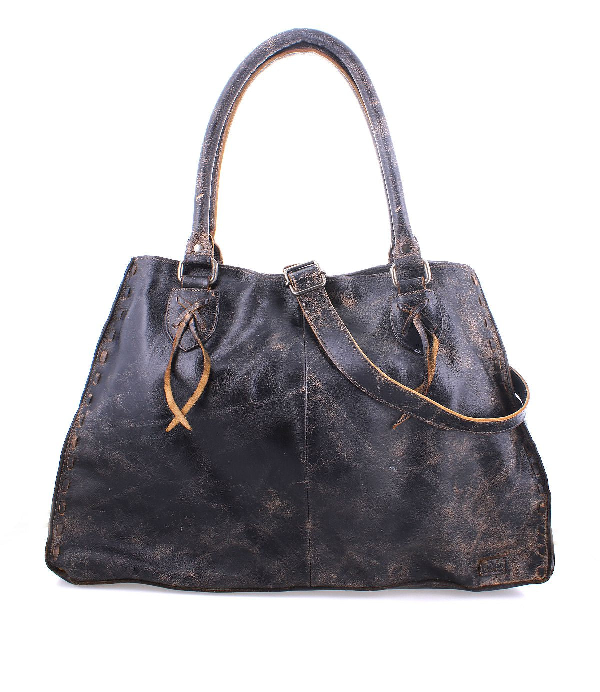 The Rockaway by Bed Stu is a spacious black leather handbag designed to have a vintage look, complete with dual handles, a zip-pocket divider, and an adjustable shoulder strap for added convenience.