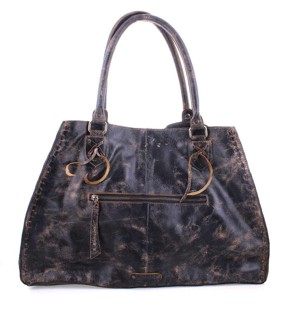 The "Rockaway" by Bed Stu is a distressed black leather handbag featuring long handles, a shoulder strap, a front zip-pocket divider, and a weathered texture.