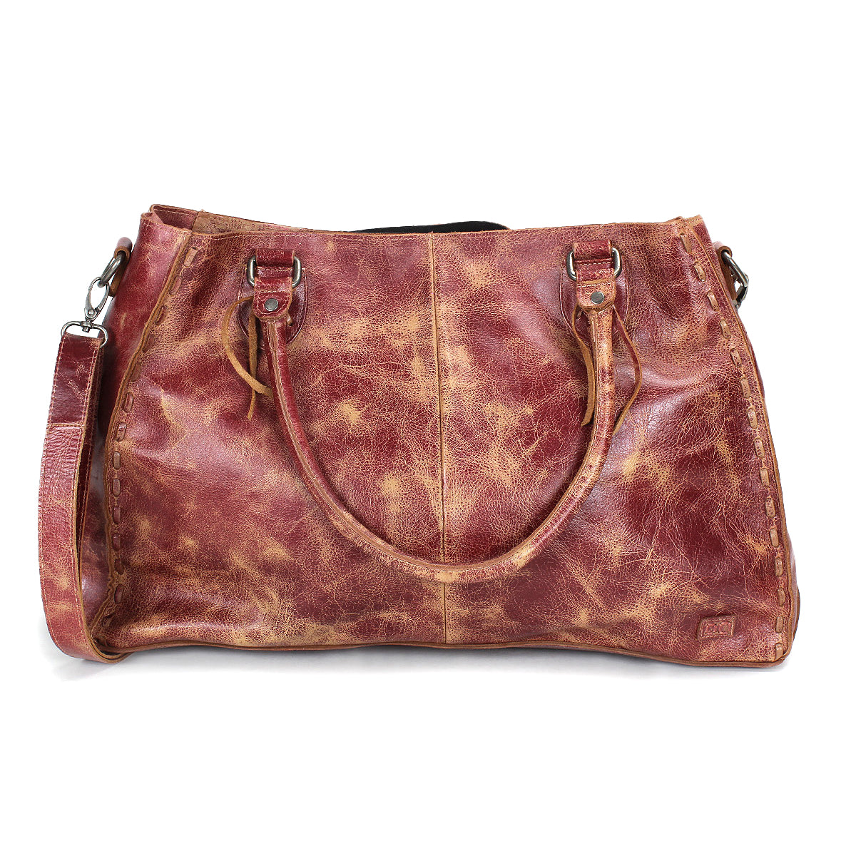 A distressed brown leather Bed Stu Rockaway handbag with double handles, a detachable shoulder strap, and a zip-pocket divider is displayed against a white background.