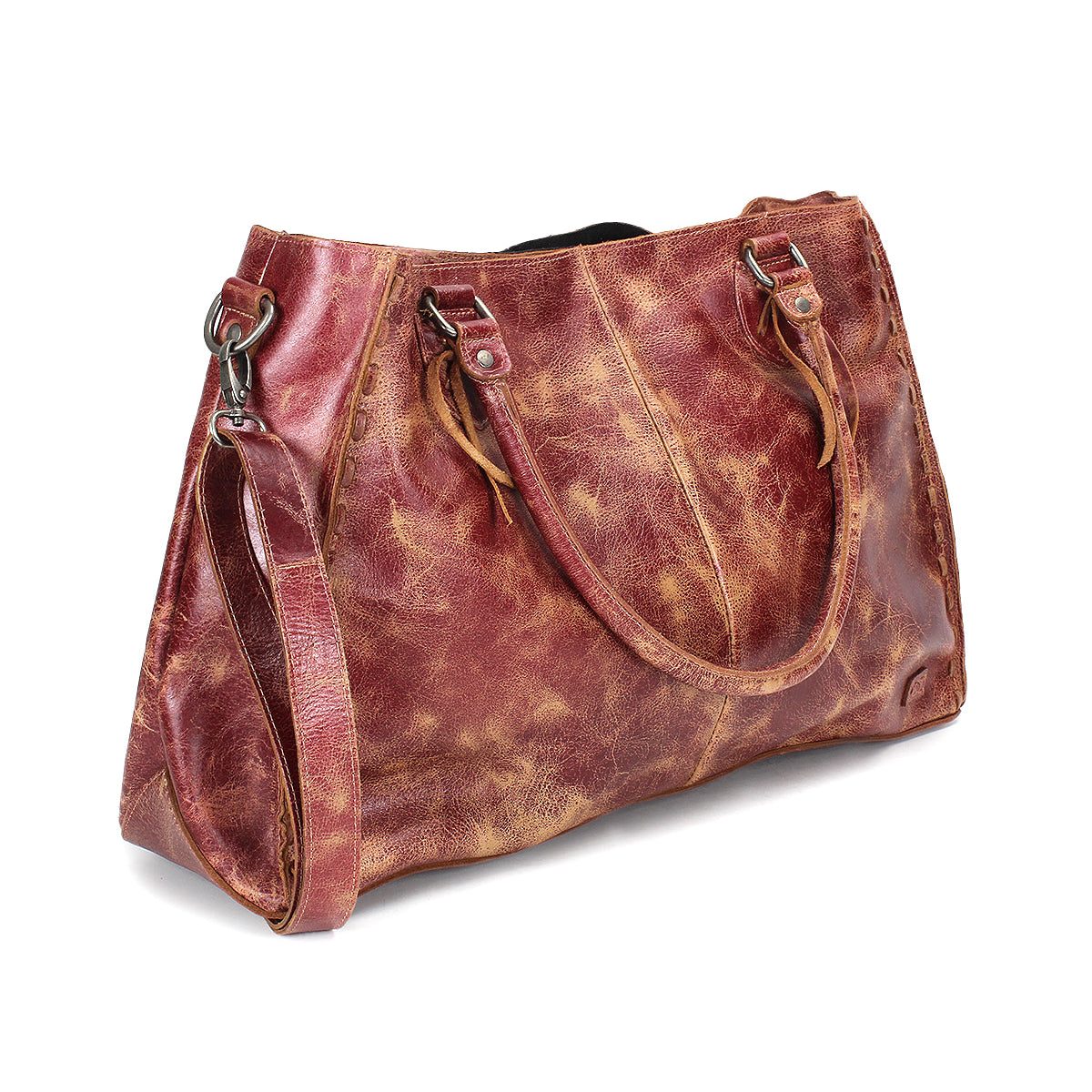 The Bed Stu Rockaway is a brown distressed leather handbag with two handles, a detachable shoulder strap, and a zip-pocket divider, shown on a white background.