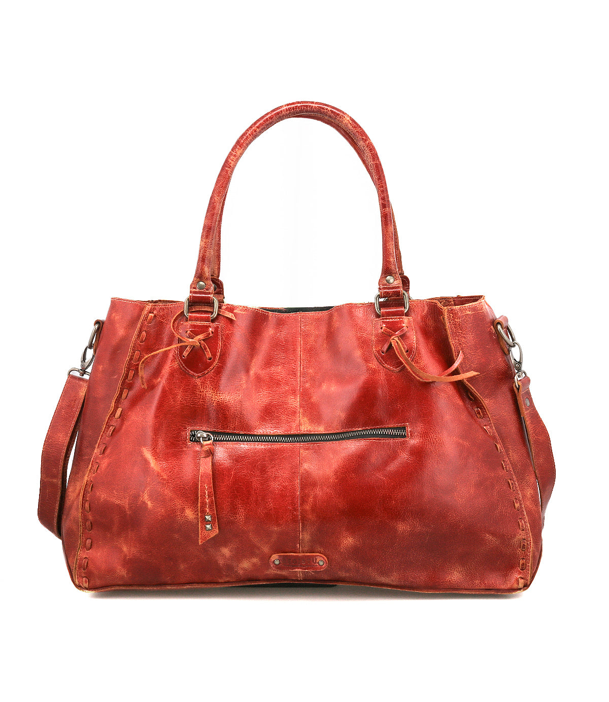 The Bed Stu Rockaway is a large, distressed red leather handbag with double handles, a front zip pocket, divider, detachable shoulder strap, and hidden phone pocket, all shown against a white background.