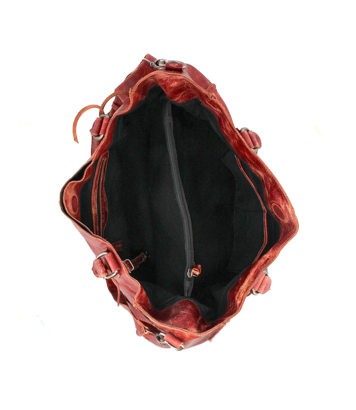 Top view of the Bed Stu Rockaway: an open, empty brown leather handbag with a central zip-pocket divider and roomy side pockets.