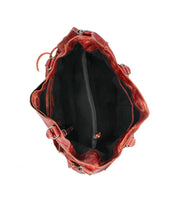 Top view of the Bed Stu Rockaway: an open, empty brown leather handbag with a central zip-pocket divider and roomy side pockets.