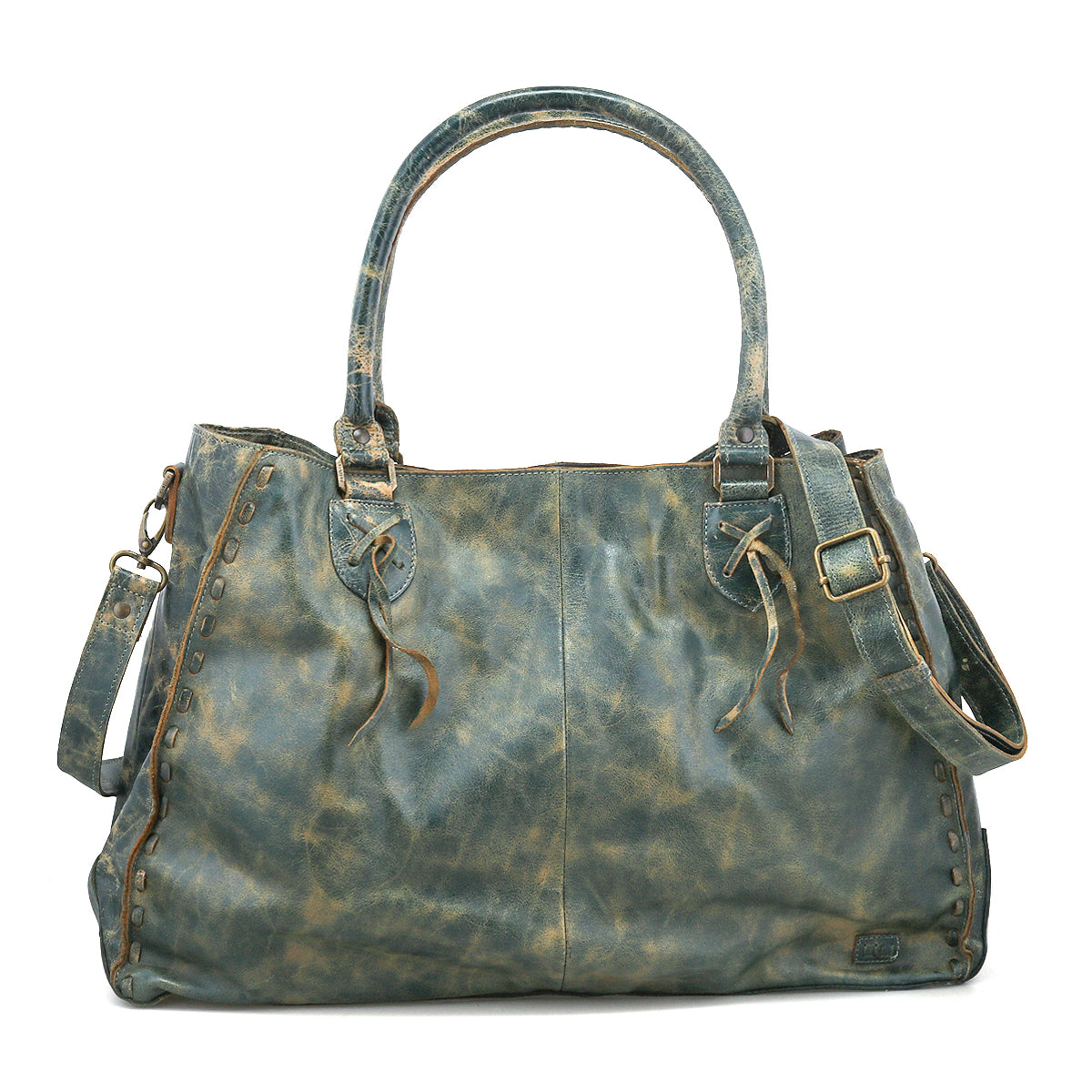 The Bed Stu Rockaway is a distressed teal leather handbag featuring two handles, a shoulder strap, side buckle strap, zip-pocket divider, and decorative stitching accents.