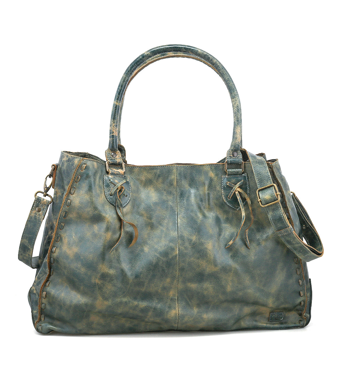The Bed Stu Rockaway is a distressed teal leather handbag featuring two handles, a shoulder strap, side buckle strap, zip-pocket divider, and decorative stitching accents.