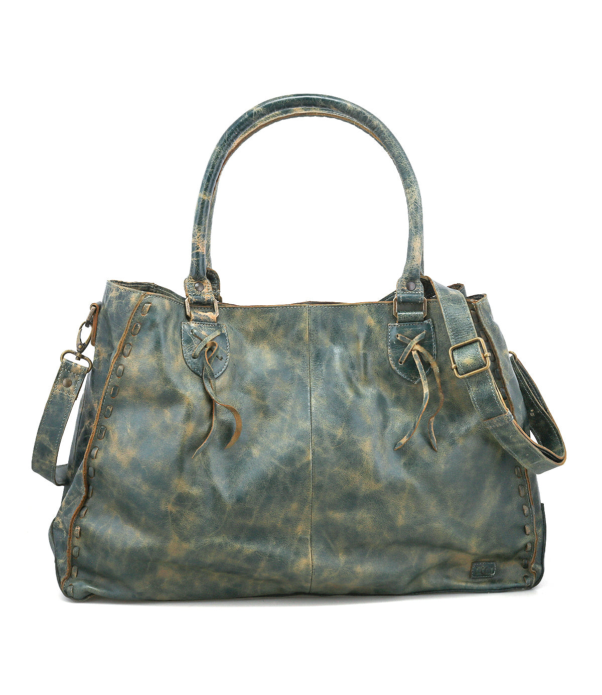 The Bed Stu Rockaway is a distressed teal leather handbag featuring two handles, a shoulder strap, side buckle strap, zip-pocket divider, and decorative stitching accents.