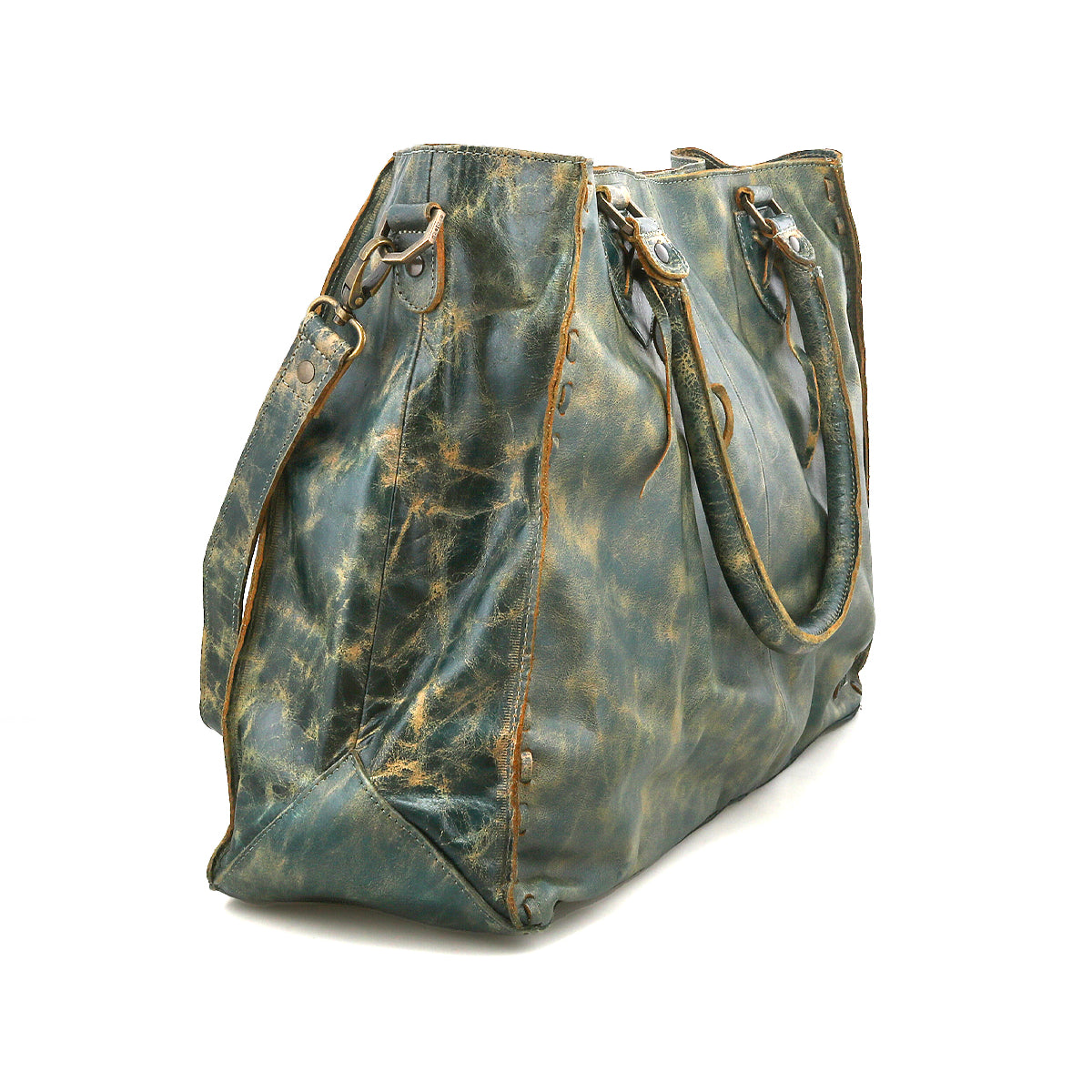The Bed Stu Rockaway is a distressed green leather tote bag with double handles, side straps, and a zip-pocket divider showing visible wear. Photographed on a white background, this best-seller blends style and function.