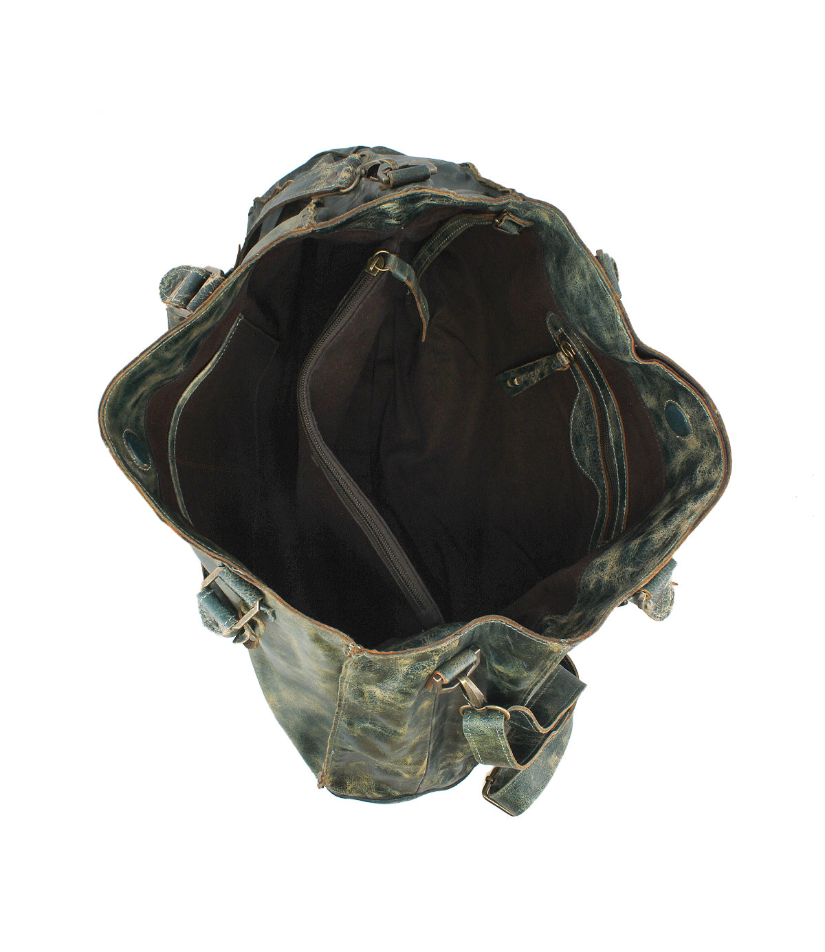 Open view of the Bed Stu Rockaway, a best-selling duffel with worn leather, an empty interior, multiple compartments, a central zip-pocket divider, and an adjustable shoulder strap.