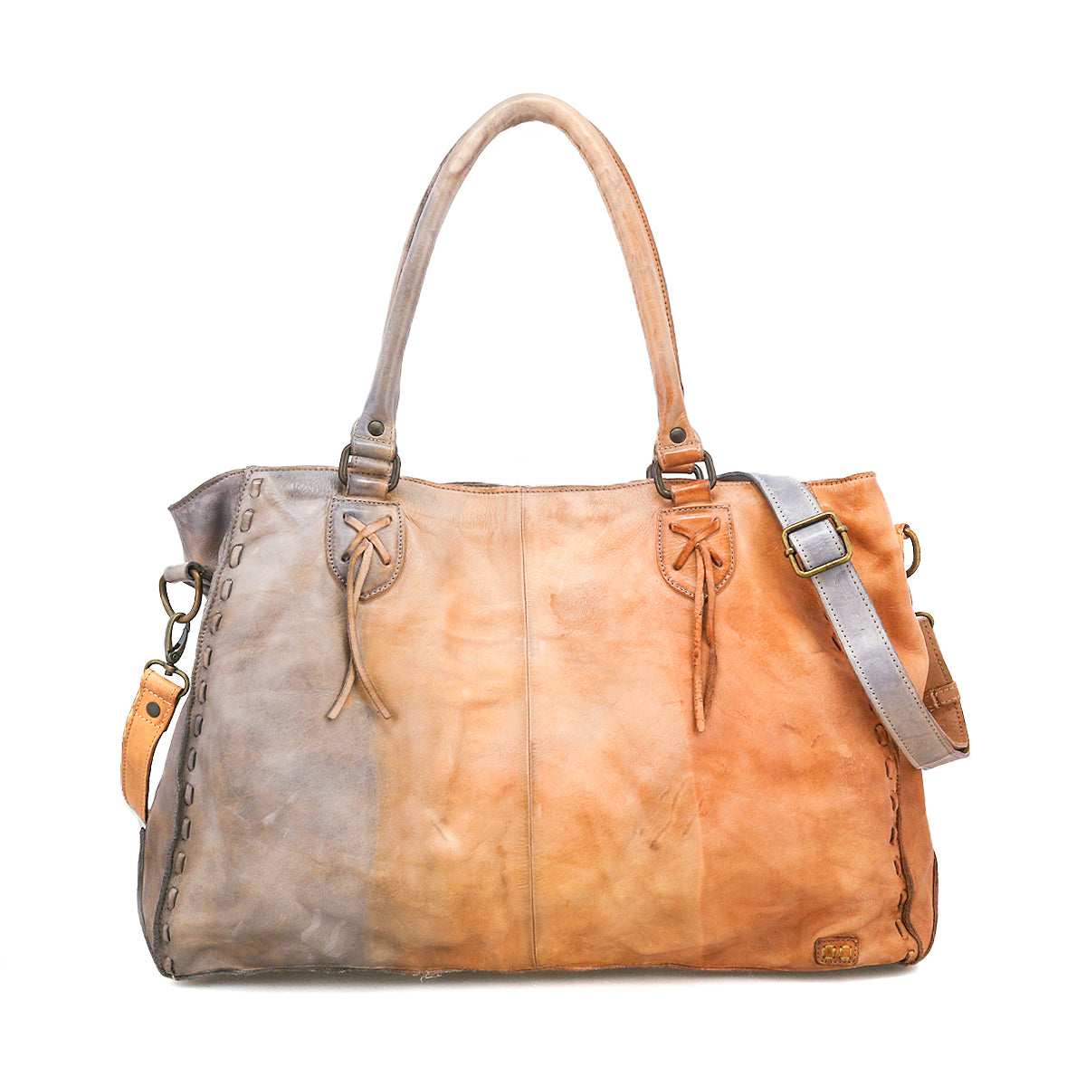 The Rockaway by Bed Stu is a large leather handbag with dual handles, a detachable shoulder strap, a gray-to-tan color gradient, and a zip-pocket divider for organization.