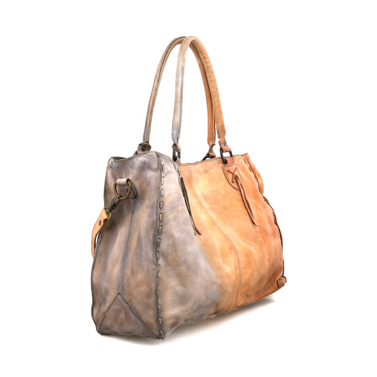 The Bed Stu Rockaway is a large leather handbag with two handles, a zip-pocket divider, and a gradient color fade from gray on the left to tan on the right.