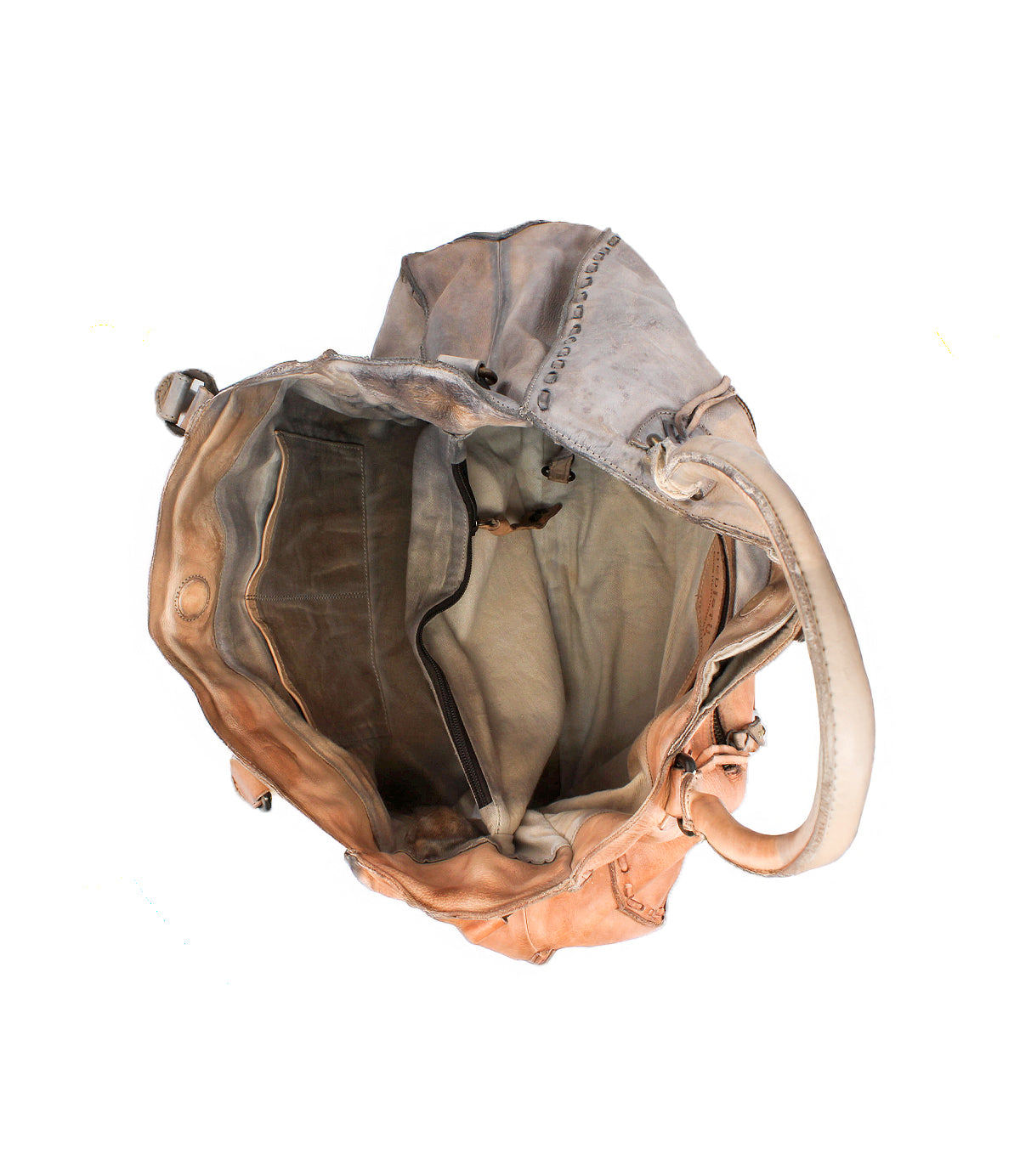 The Bed Stu Rockaway is a worn leather handbag with an open top, shoulder strap, multiple inner compartments, and a zip-pocket divider, photographed from above on a white background.