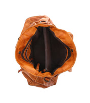 The Rockaway bag by Bed Stu is an open tan leather bag showcasing its interior, which includes a central zippered compartment and side pockets. This best-selling accessory features a fan-favorite zip-pocket divider for extra organization.