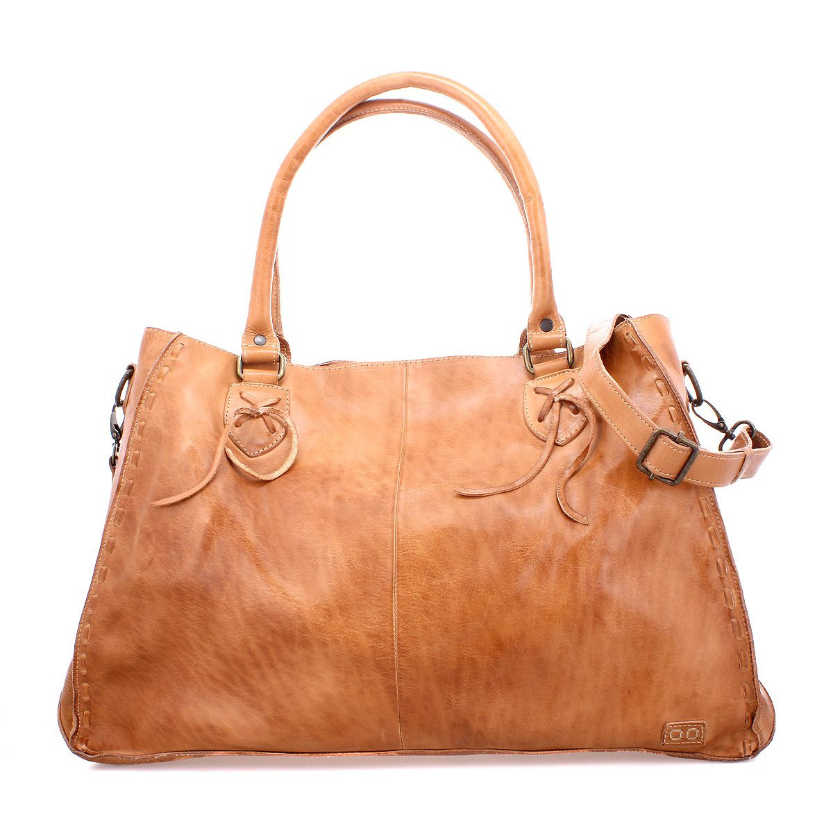 Introducing the Bed Stu Rockaway: a spacious tan leather bag with dual handles, a detachable shoulder strap, and an easy-access zip-pocket divider.