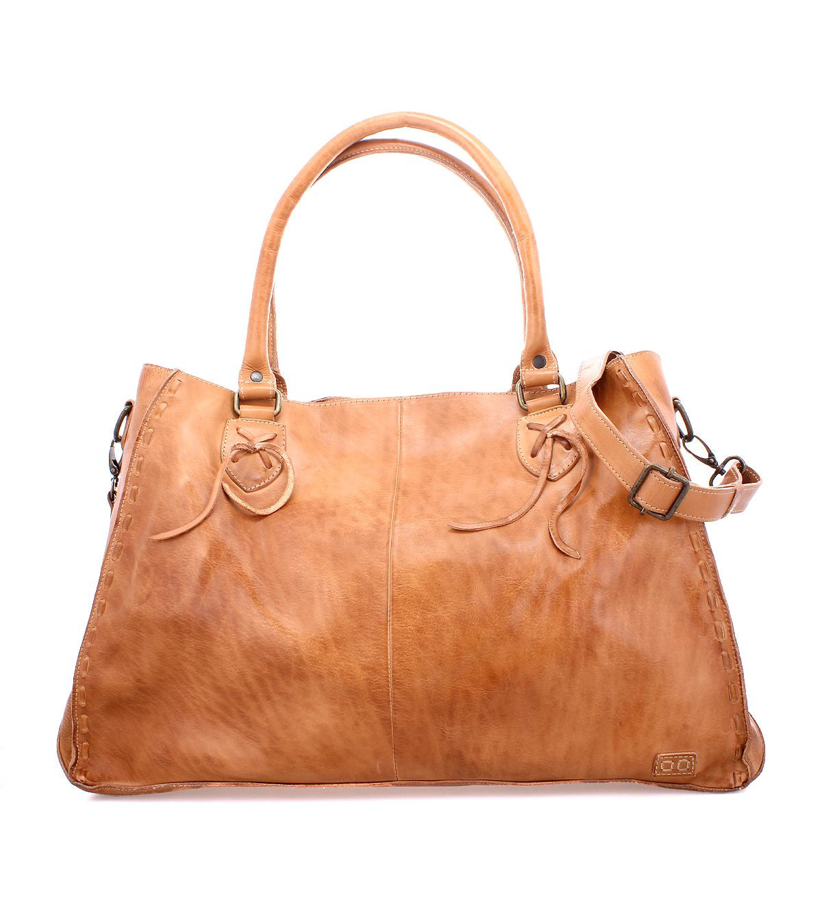 Introducing the Bed Stu Rockaway: a spacious tan leather bag with dual handles, a detachable shoulder strap, and an easy-access zip-pocket divider.