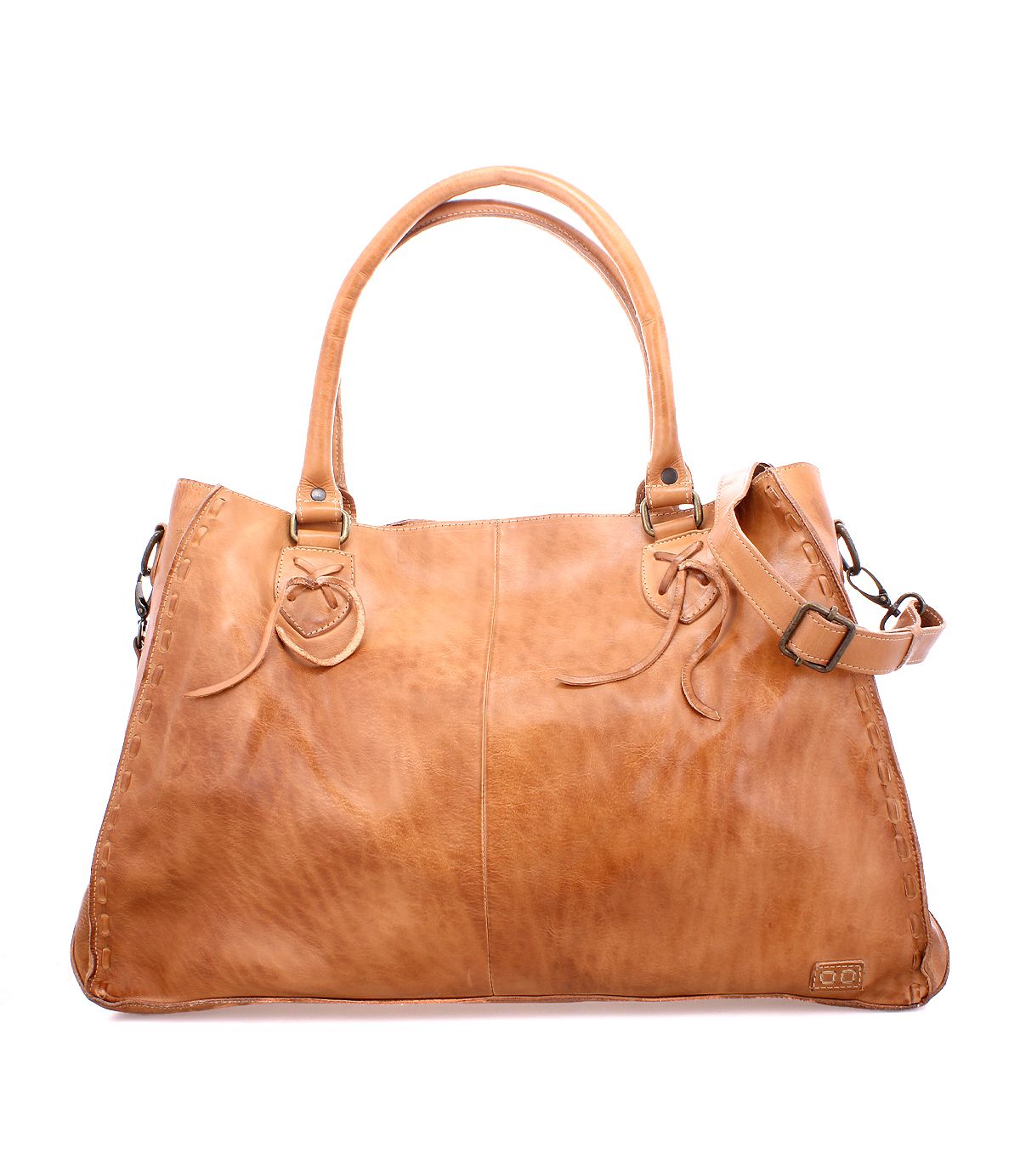 Introducing the Bed Stu Rockaway: a spacious tan leather bag with dual handles, a detachable shoulder strap, and an easy-access zip-pocket divider.