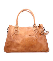Introducing the Bed Stu Rockaway: a spacious tan leather bag with dual handles, a detachable shoulder strap, and an easy-access zip-pocket divider.