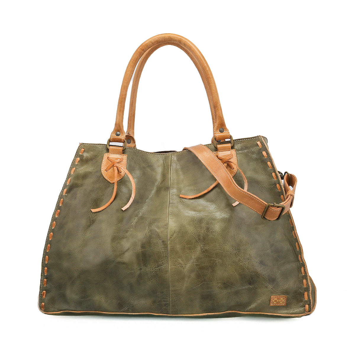 The Bed Stu Rockaway is an olive green full-grain leather handbag with tan handles, a matching adjustable shoulder strap, and edge stitching, perfect for everyday use.