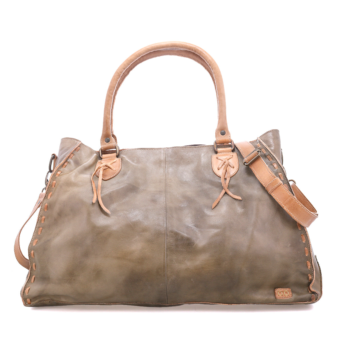 The Bed Stu Rockaway is a large, distressed brown full-grain leather handbag featuring double handles, side stitching, an adjustable shoulder strap, and a convenient zip-pocket divider.