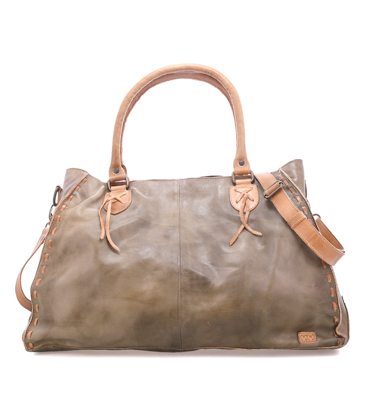 The Bed Stu Rockaway is a large, distressed brown full-grain leather handbag featuring double handles, side stitching, an adjustable shoulder strap, and a convenient zip-pocket divider.