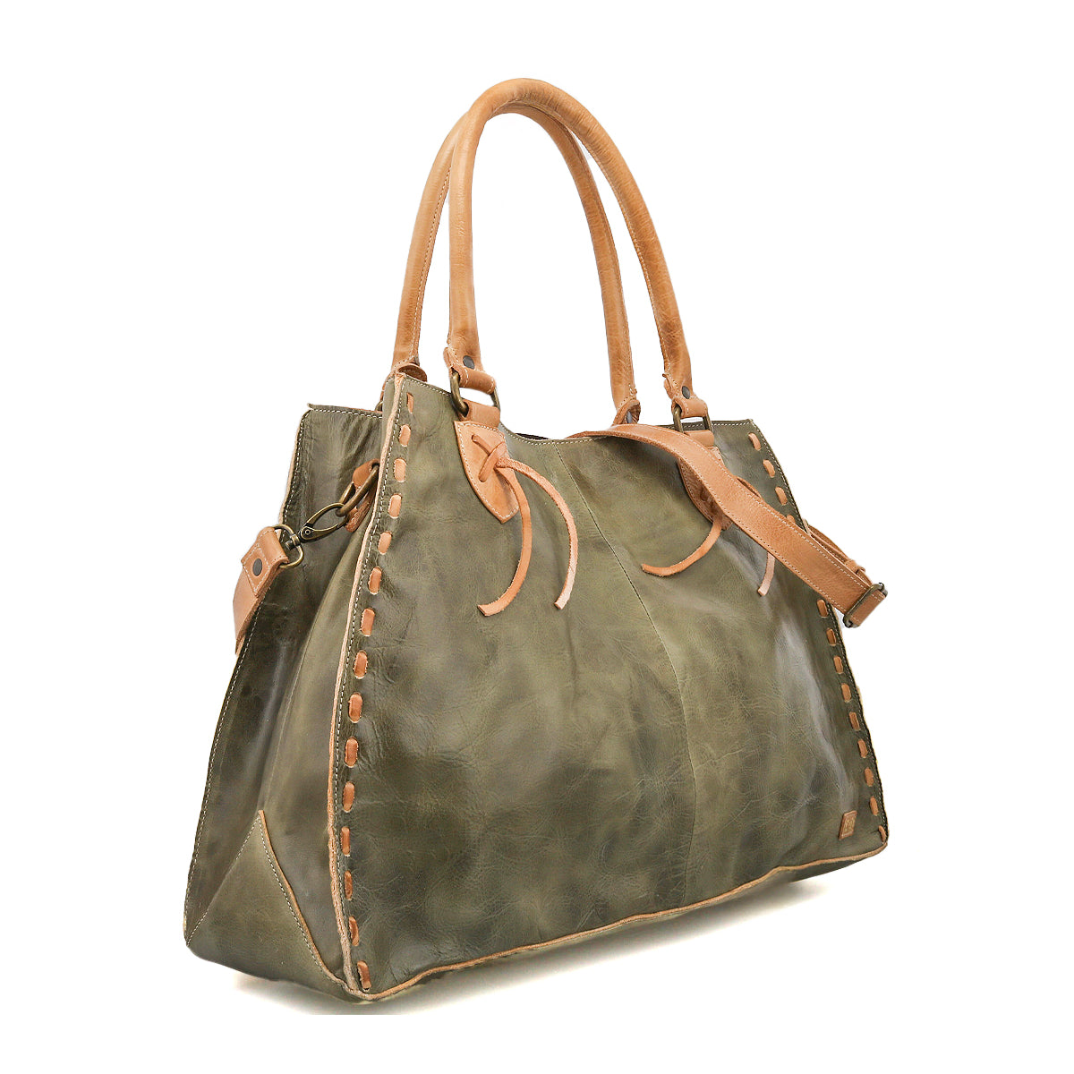 The Bed Stu Rockaway is a full-grain leather handbag in olive green, featuring tan handles with decorative knots, side stitching, and a detachable shoulder strap for everyday versatility.