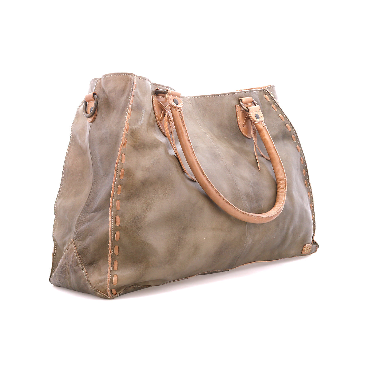 The Rockaway tote by Bed Stu is a large, olive-green full-grain leather bag with tan handles, decorative edge stitching, and a zip-pocket divider, shown on a white background.