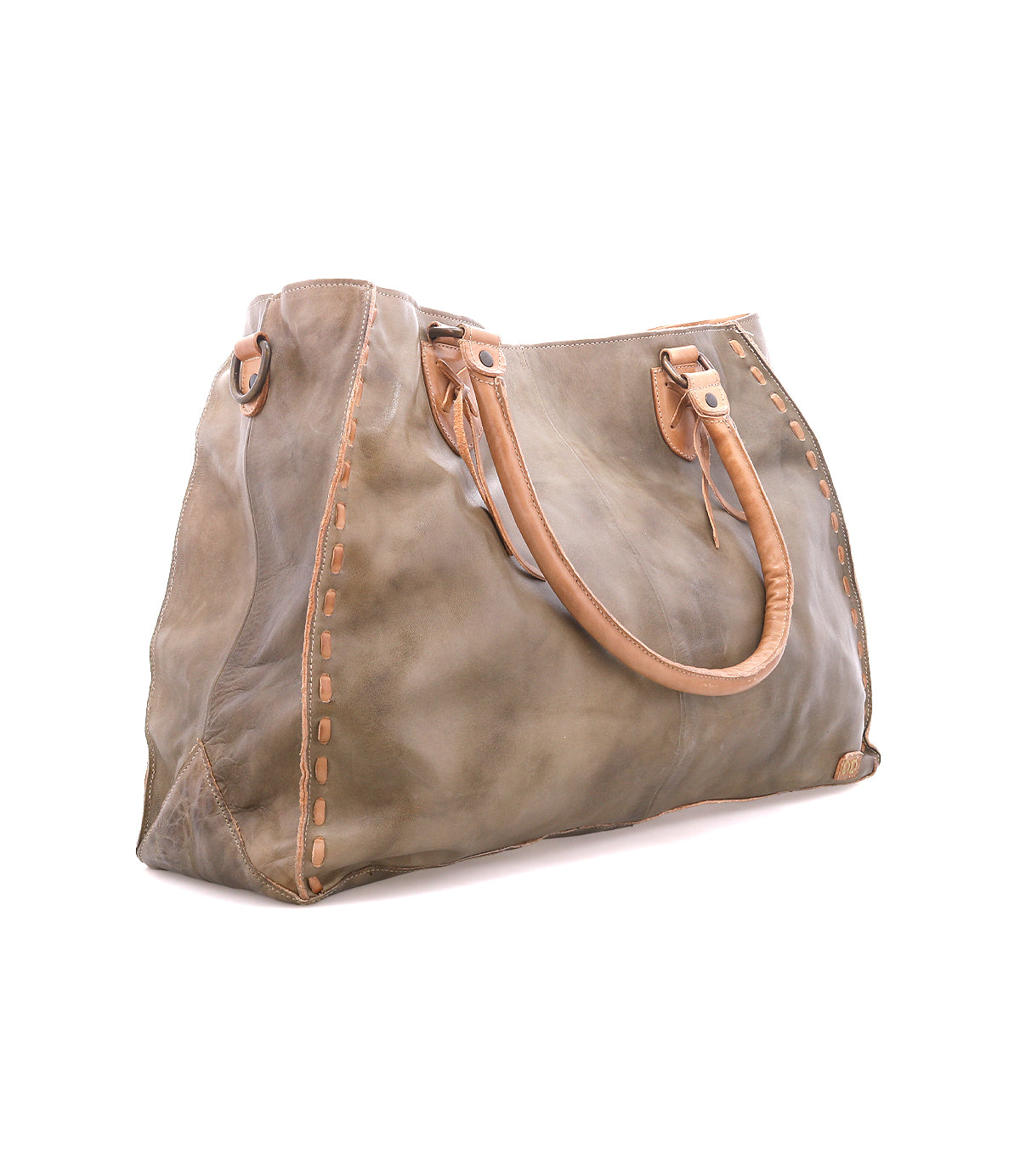 The Rockaway tote by Bed Stu is a large, olive-green full-grain leather bag with tan handles, decorative edge stitching, and a zip-pocket divider, shown on a white background.