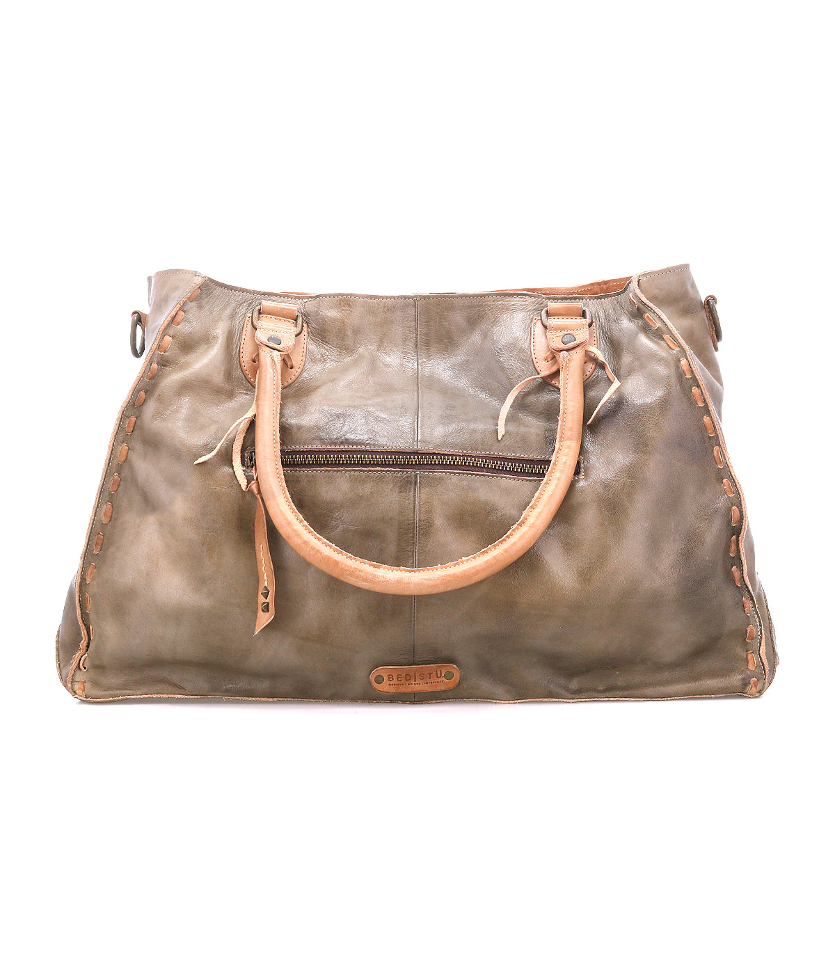 The Rockaway by Bed Stu is a spacious olive green full-grain leather handbag with tan handles, front zipper pocket, visible stitching, and a small logo patch at the bottom center.