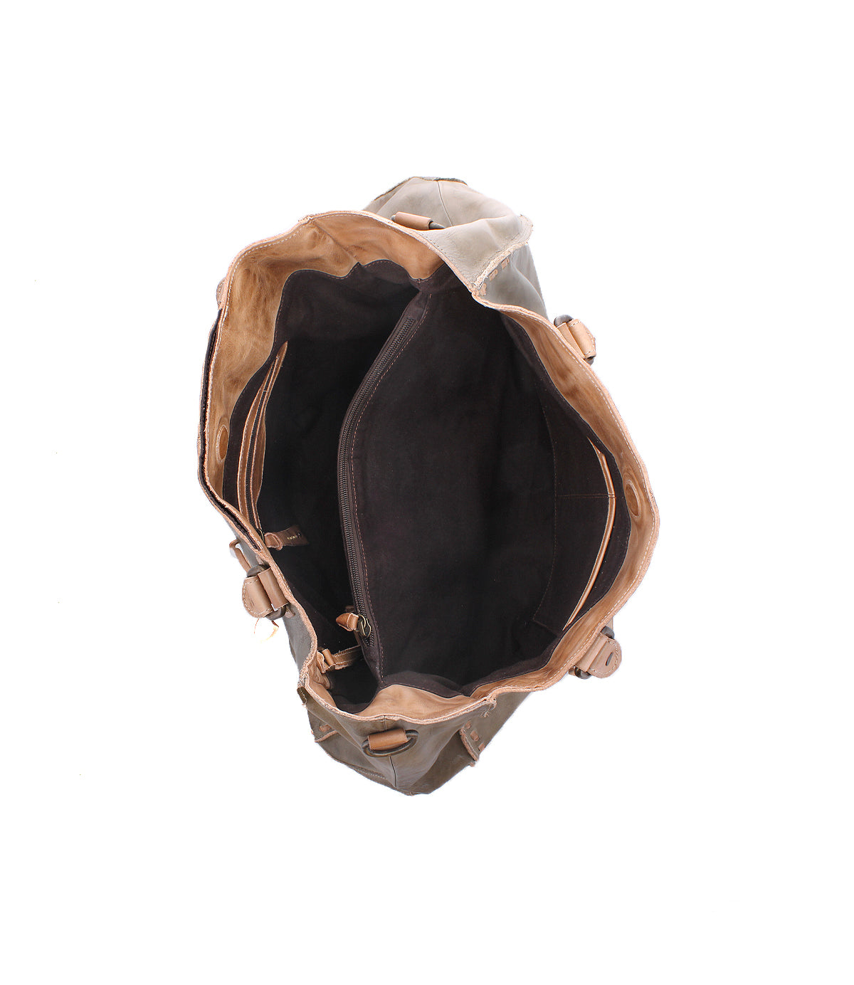 Top view of the Bed Stu Rockaway bag in brown full-grain leather, featuring a spacious interior with multiple compartments, pockets, and a zippered divider.