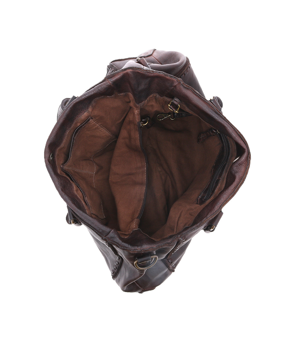 The Rockaway by Bed Stu is an open brown leather bag featuring visible compartments and zippers, designed for easy access and organization. Viewed from above on a white background, this best-selling piece offers the perfect blend of style and practicality.