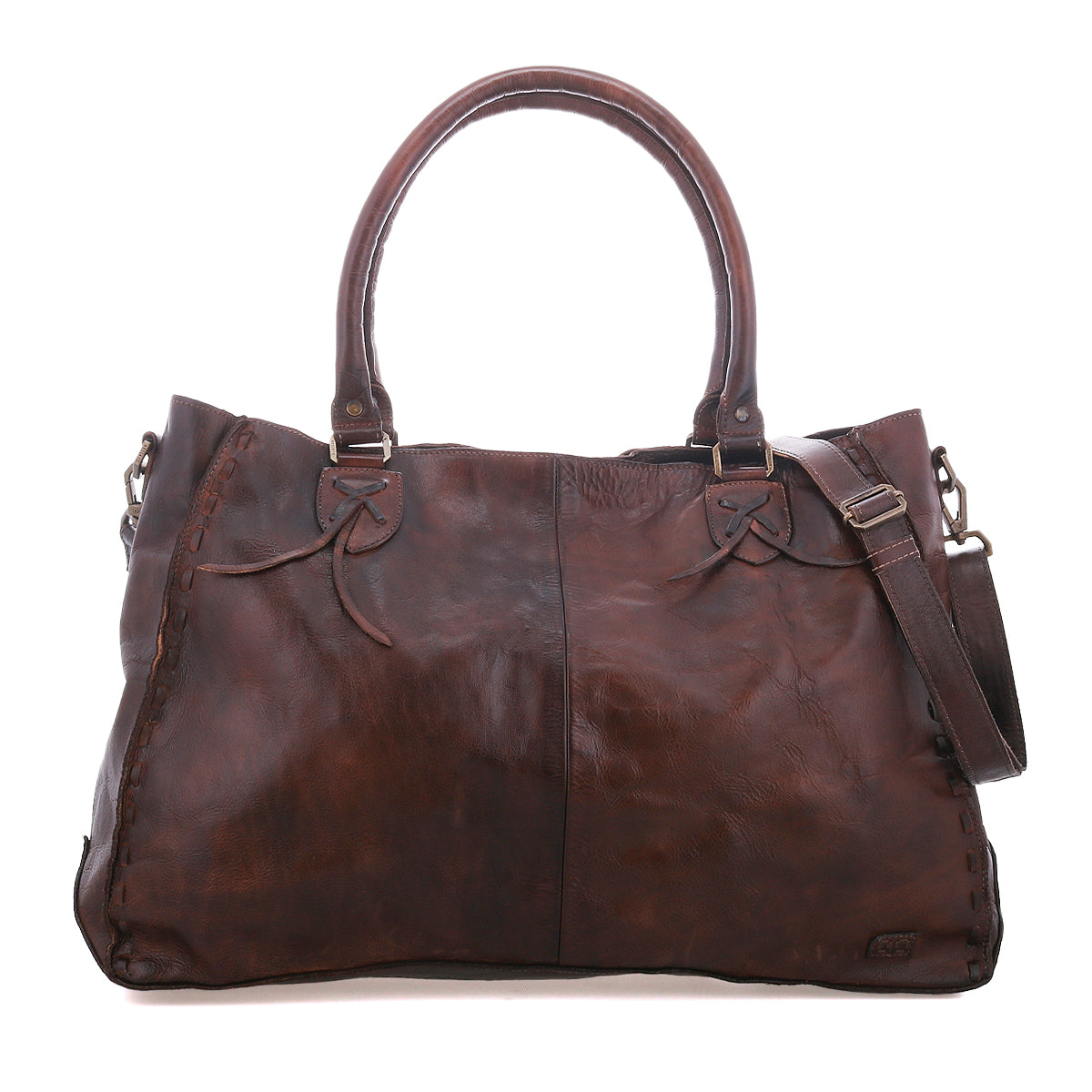The Rockaway by Bed|Stü is a large brown full-grain leather handbag with two short handles, a detachable shoulder strap, and stitched details for daily use.