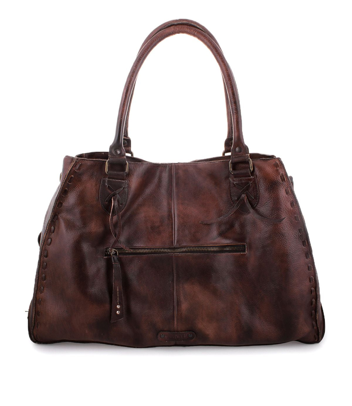 The Rockaway by Bed Stu is a spacious brown leather bag equipped with a zip-pocket divider and durable double handles, embellished with decorative stitching along the edges.