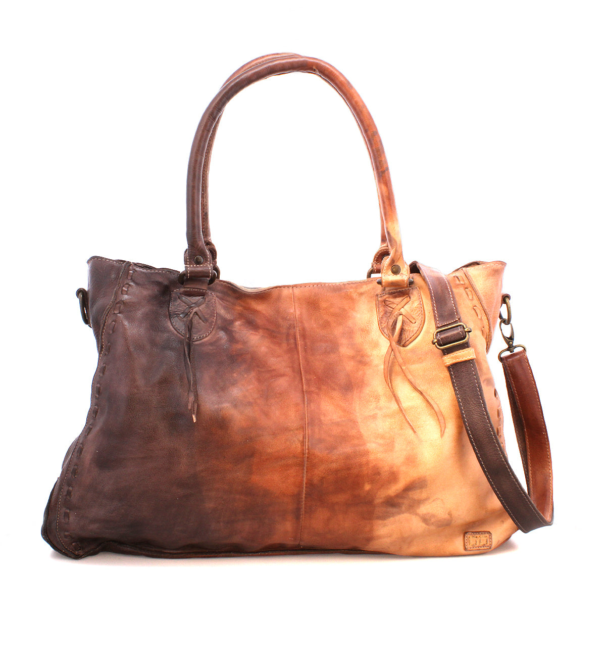 A brown leather Bed Stu ROCKAWAY tote bag on a white background.