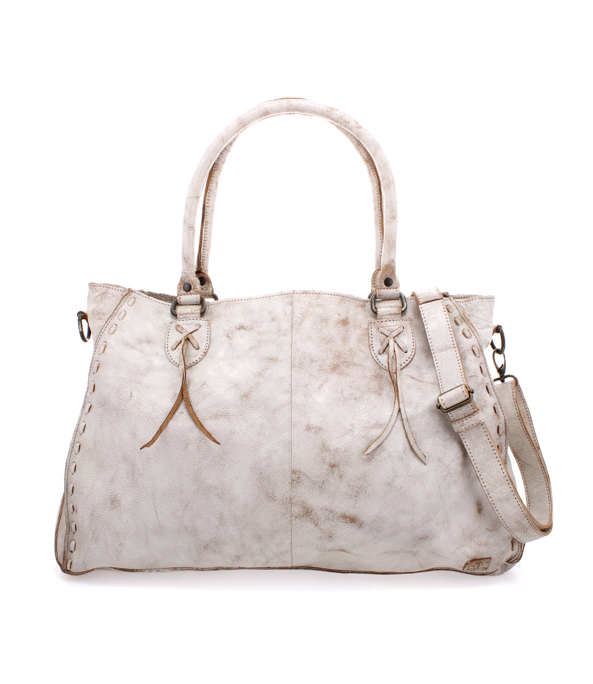 Introducing the Rockaway by Bed|Stü—a spacious, distressed white handbag made from full-grain leather. It features dual handles, a detachable shoulder strap, decorative stitching, and metal hardware for everyday versatility.