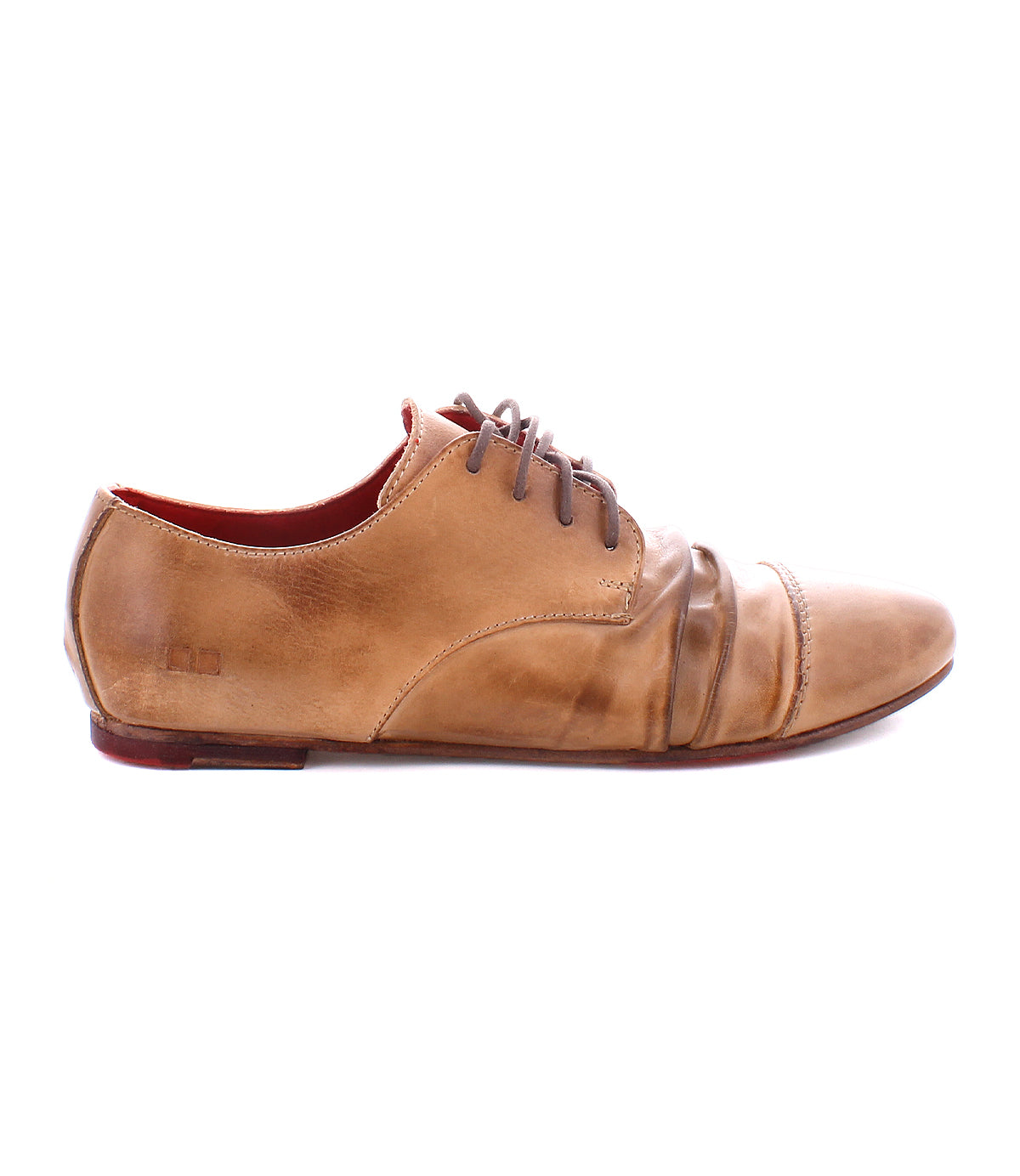 Side view of a brown leather lace-up **Bed Stu Rumba II** shoe with visible scuff marks and wear, featuring a slightly pointed toe and low heel, exuding 1920s wingtip flair.

