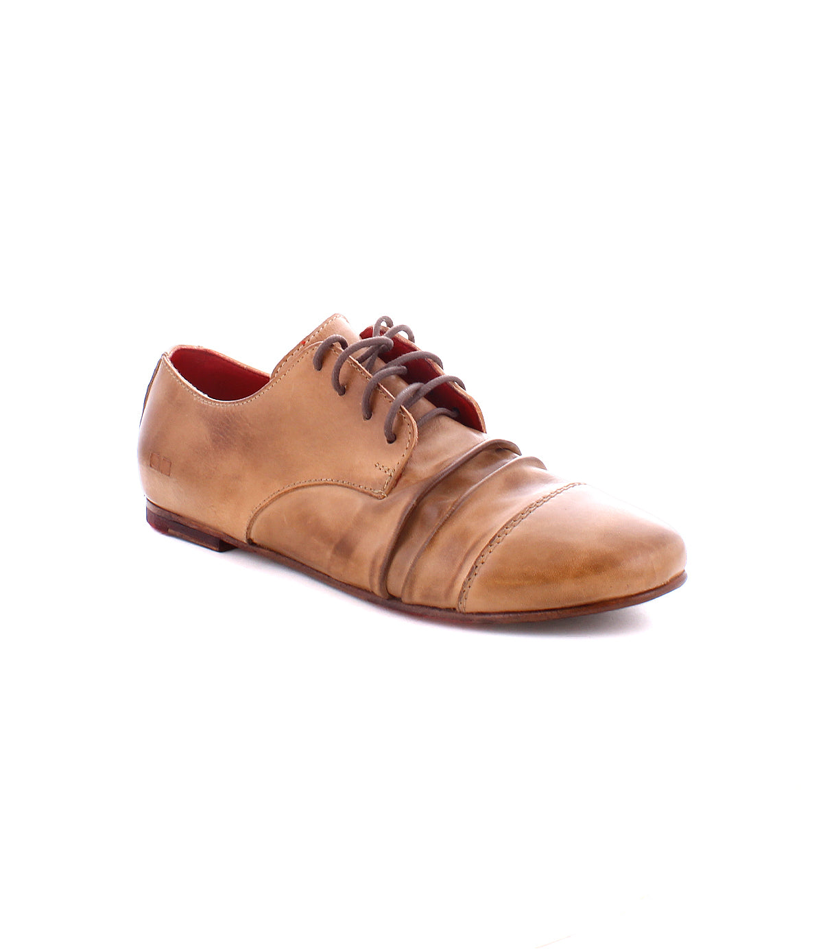 A single brown leather dress shoe with laces and a low heel, featuring a pleated design on the front and wingtip flair, the **Rumba II by Bed Stu** offers an elegant touch.