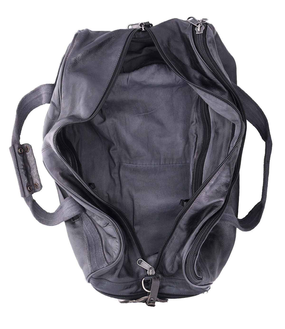 An open, empty black leather Ruslan duffle bag with zippers and durable canvas straps from Bed Stu is shown from above.