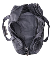 An open, empty black leather Ruslan duffle bag with zippers and durable canvas straps from Bed Stu is shown from above.