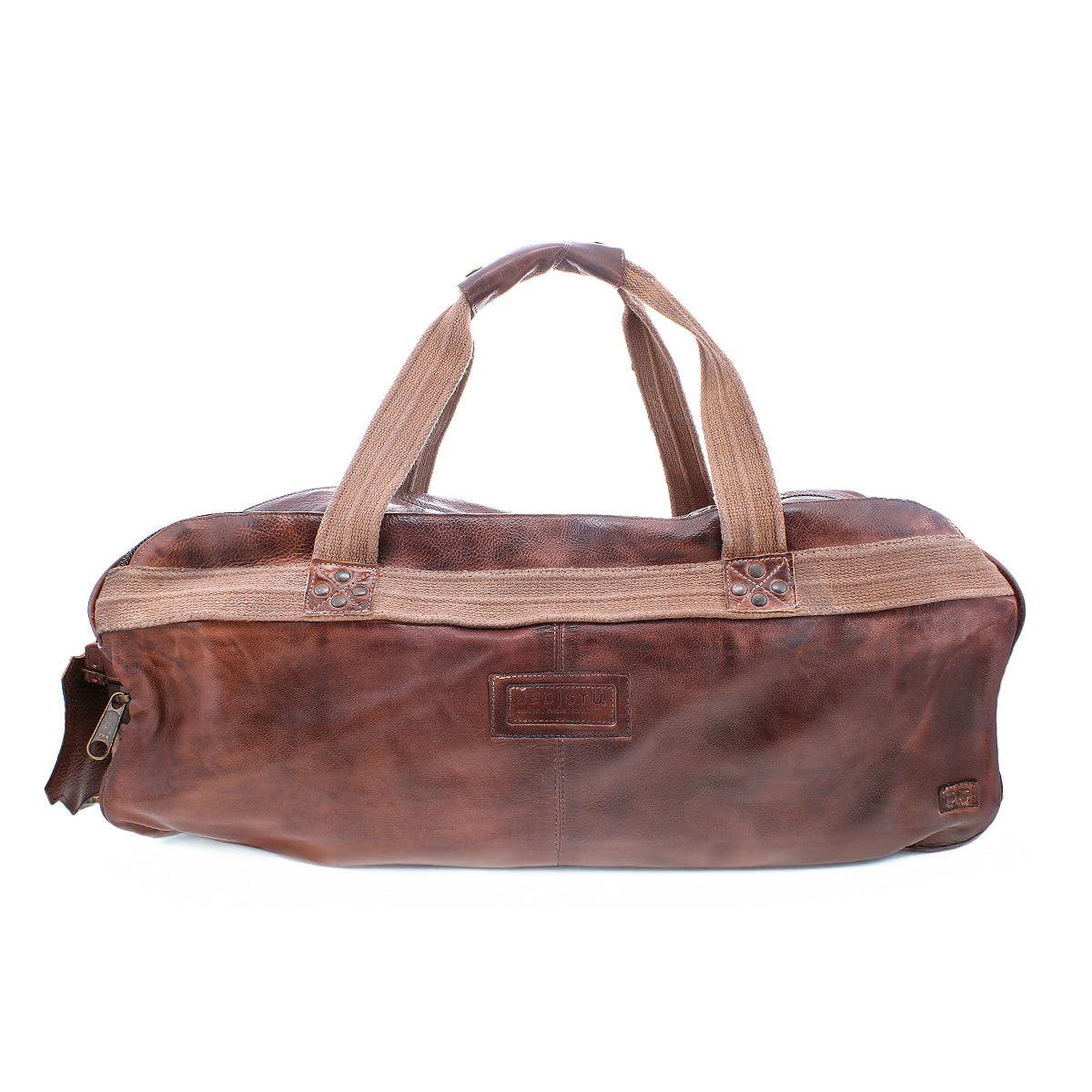 The Bed Stu Ruslan is a brown leather duffel bag featuring durable canvas straps and a front zipper pocket, shown against a white background—the perfect travel companion for any journey.