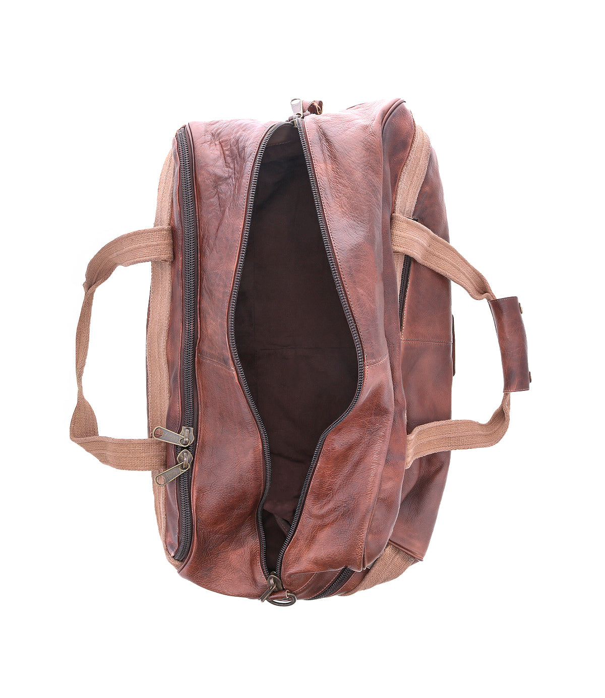 The Bed Stu Ruslan is a brown leather duffle bag with durable canvas straps and beige handles, shown with its main compartment partially unzipped against a white background.
