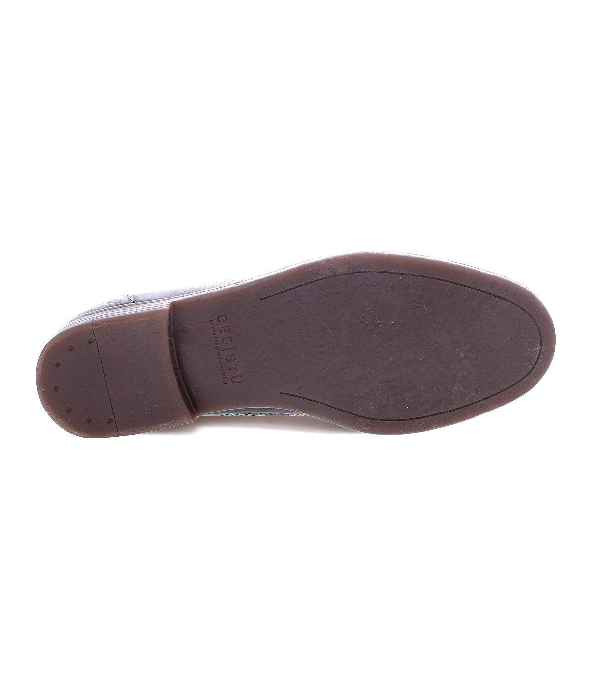 The Sandro II by Bed Stu features a brown handcrafted leather design for men's office wear. The bottom view showcases a sole with a slight heel adorned with intricate brogue details.
